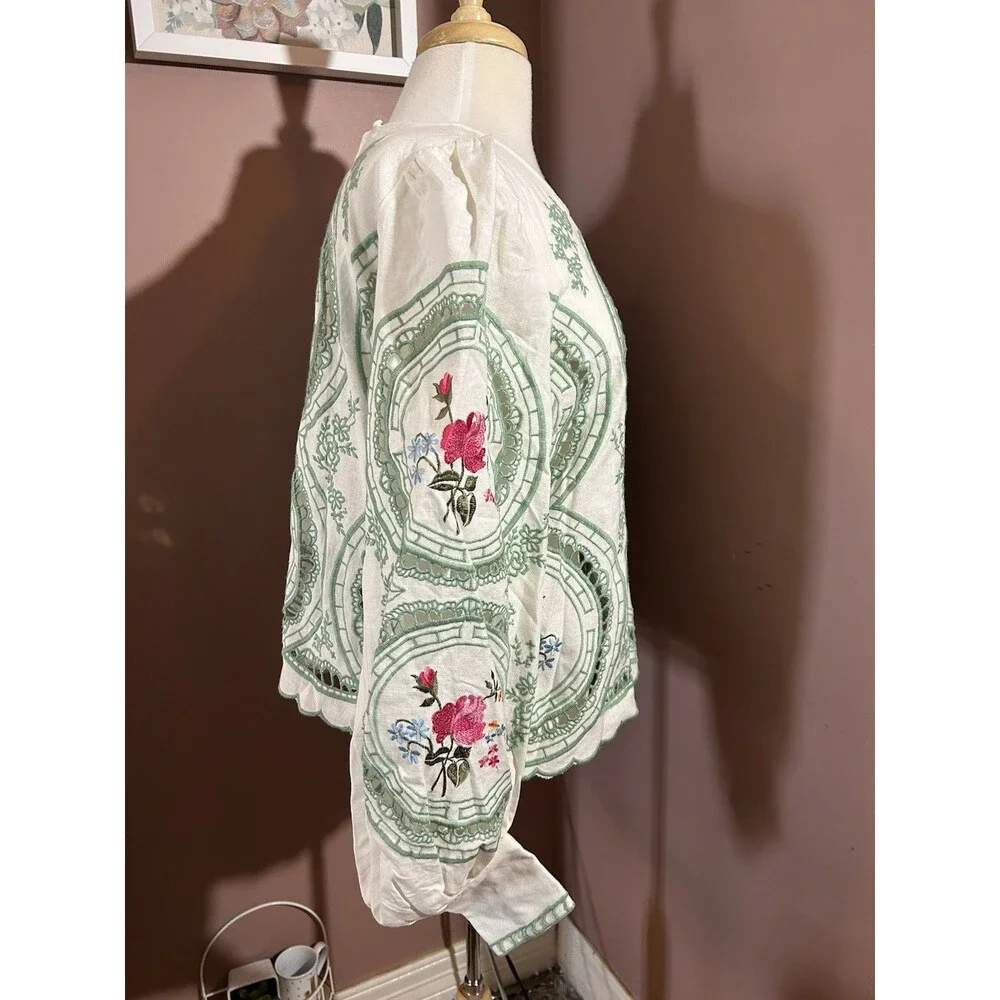 ASOS Long Sleeve Blouse Womens Size 10 Cotton Linen Lace Trim Embroidery New - Picture 4 of 11